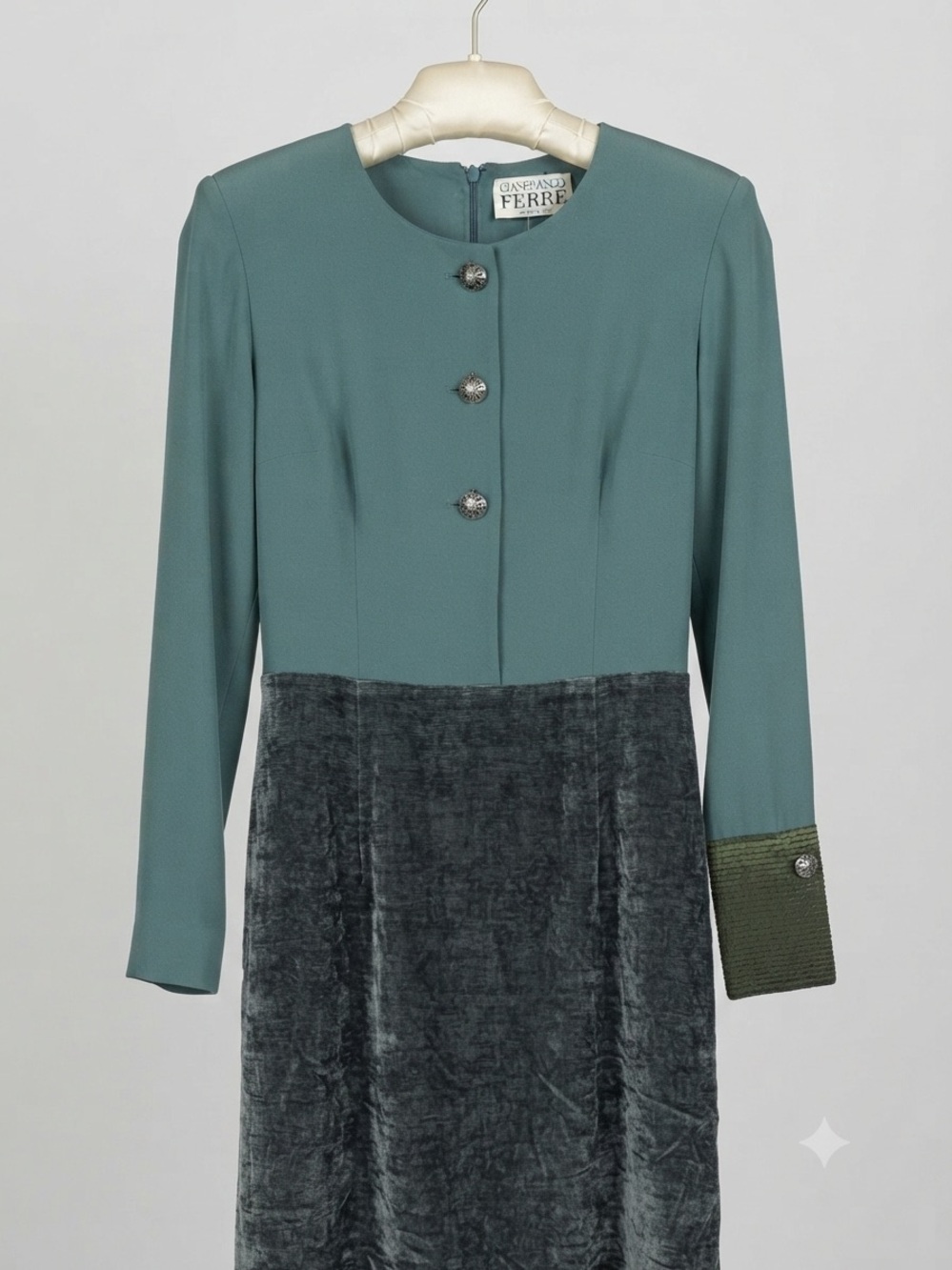 Gianfranco Ferre Deep Teal Evening Dress with Charcoal Trim